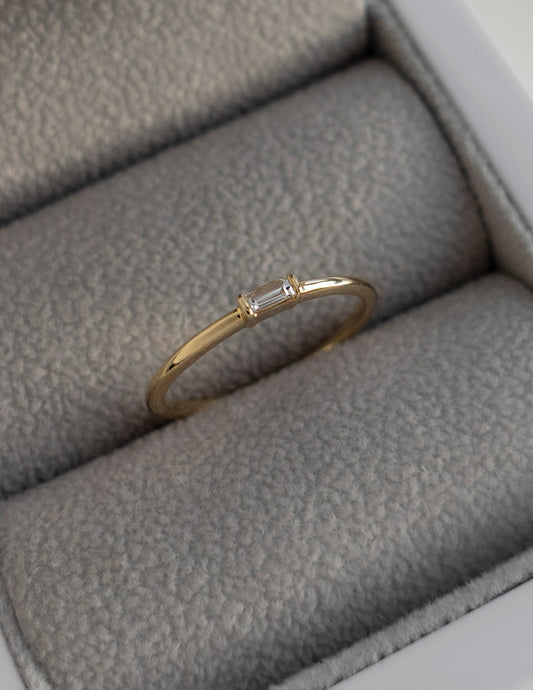 East West Solitaire Half Bezel | Stackable Ring- 0.06 CT Baguette Moissanite Wedding Band
