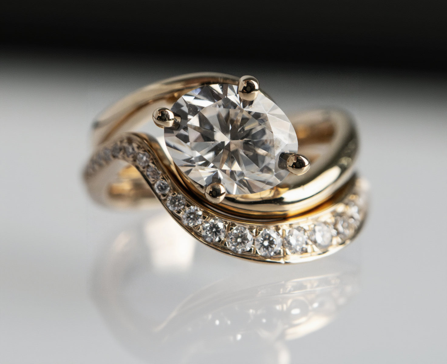 Solitaire Rapture & Pave Band- Oval Lab Grown Diamond Bridal Set
