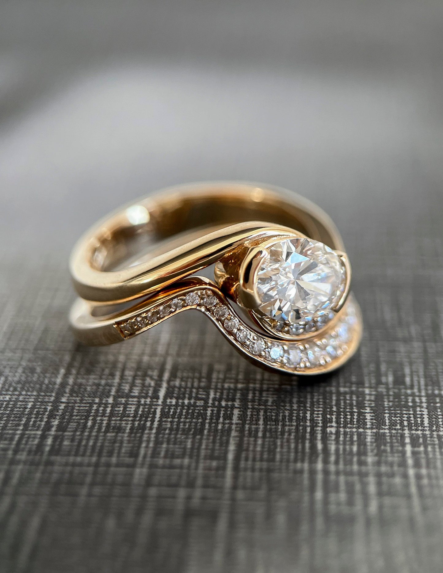 Solitaire Rapture & Pave Band- Oval Lab Grown Diamond Bridal Set