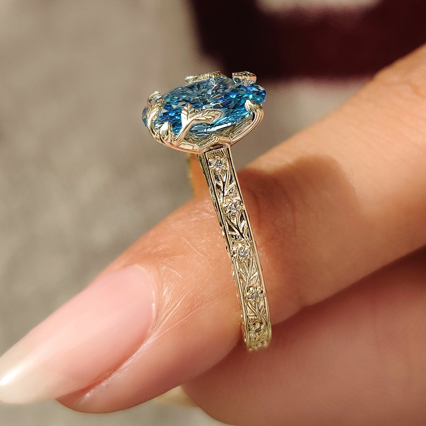 Nature Inspired-2.0 CT Blue Oval Lab Grown Diamond Engagement Ring