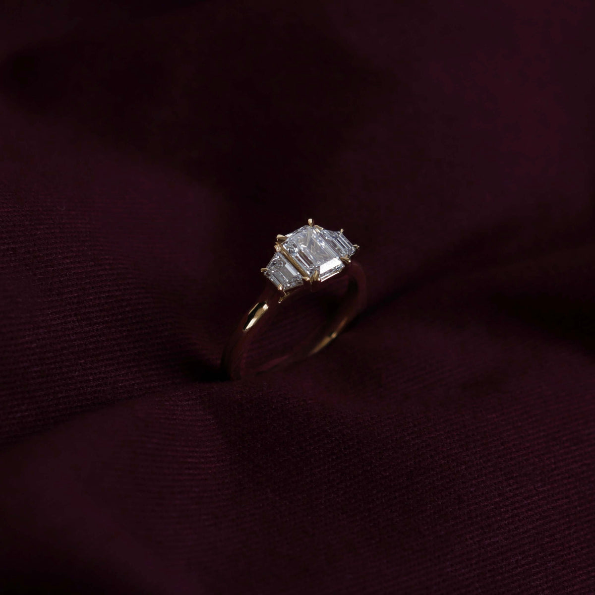 Three Stone Cathedral-Emerald Lab Grown Diamond Engagement Ring