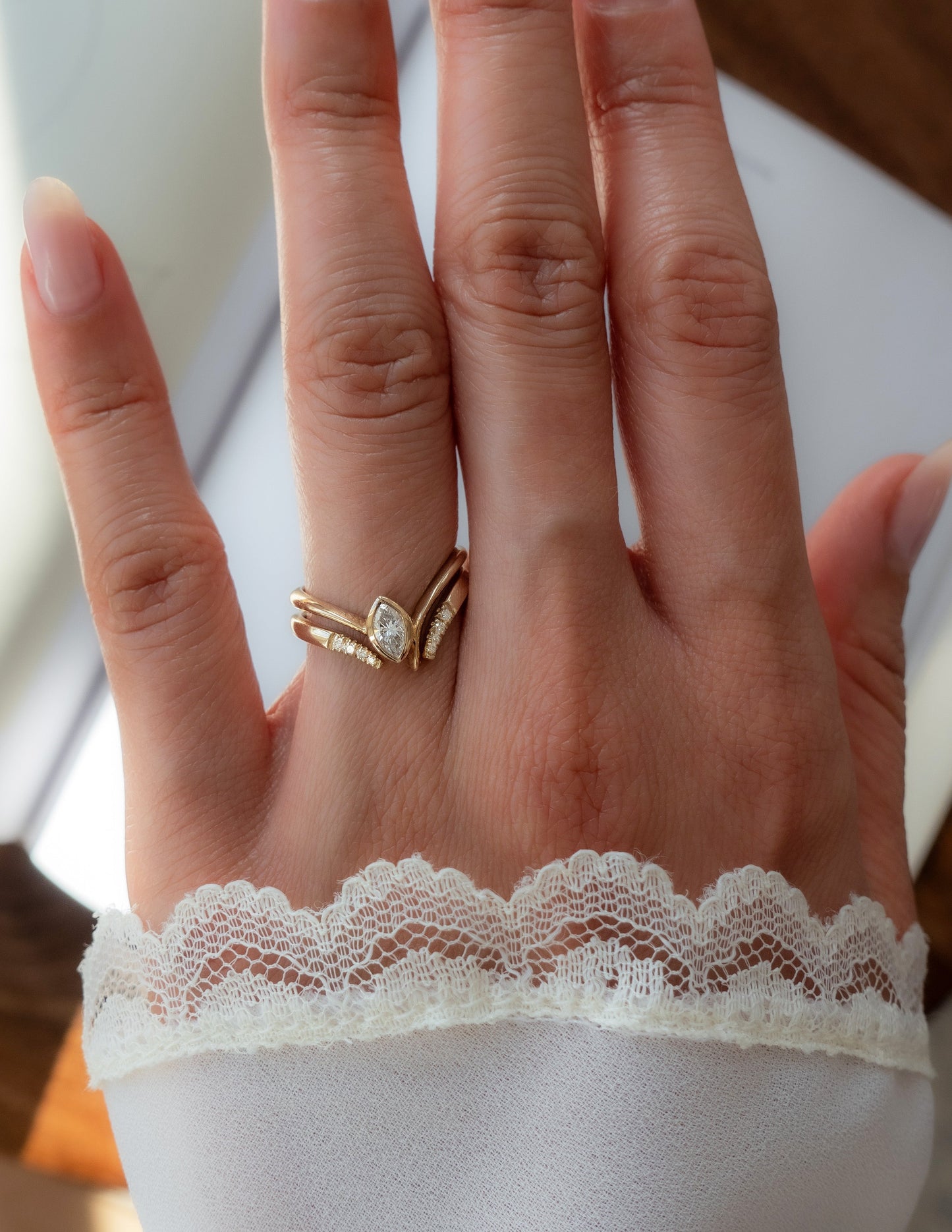 Solitaire Bezel Asymmetrical Band-Marquise Lab Grown Diamond Engagement Ring