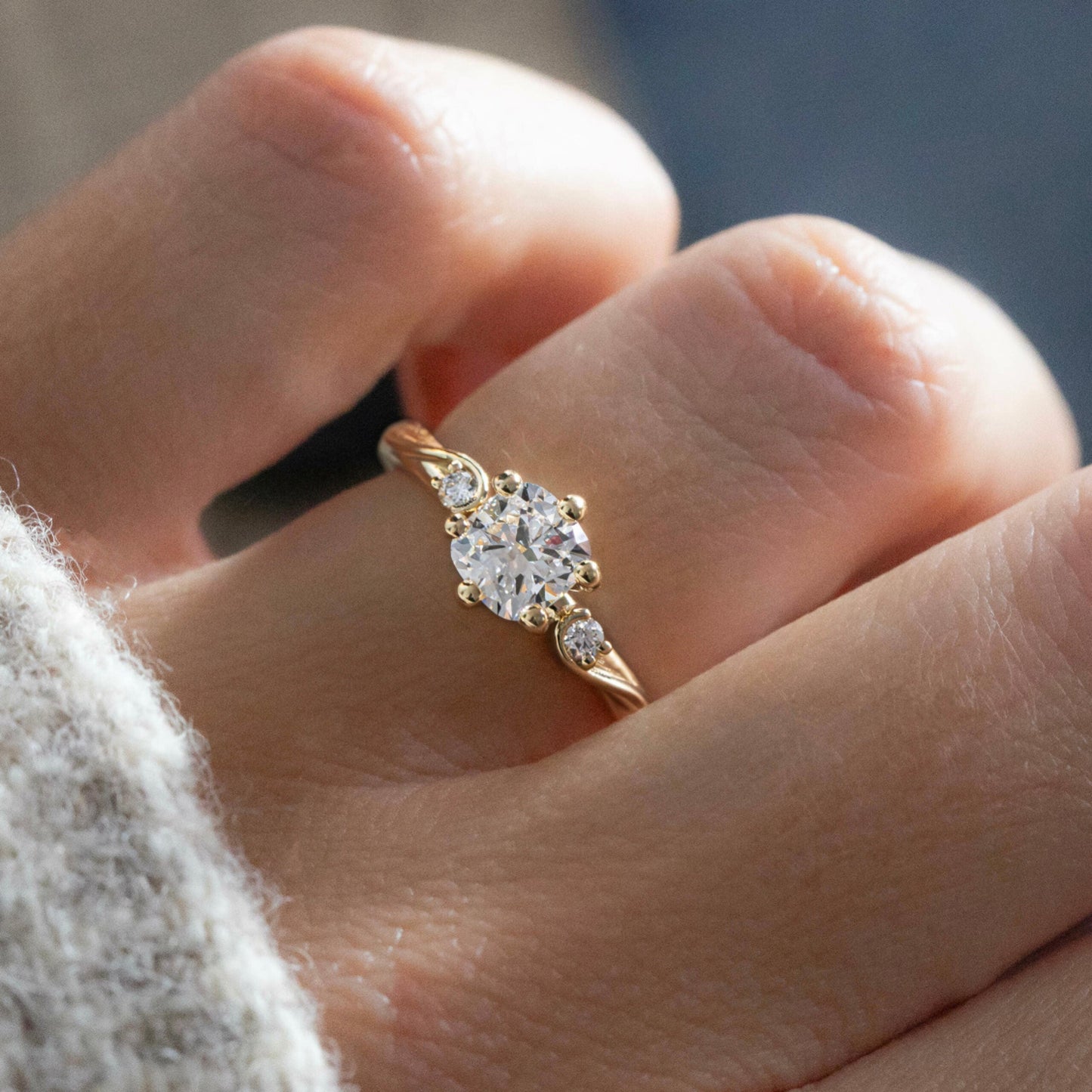 Three Stone Dainty Style-Cushion Lab Grown Diamond Engagement Ring