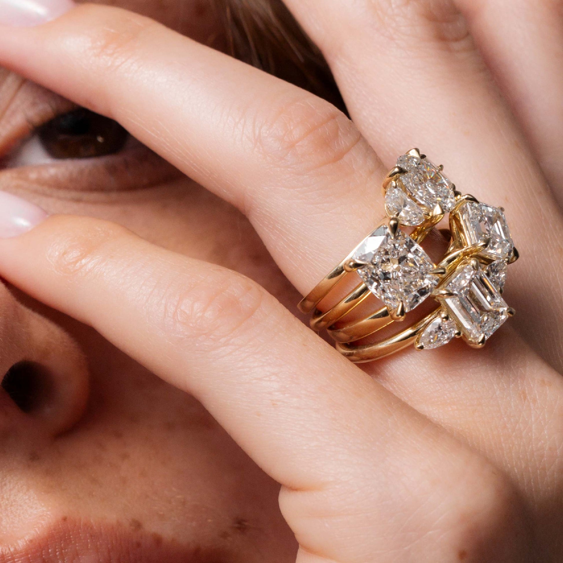Three Stone Cathedral-Emerald Lab Grown Diamond Engagement Ring