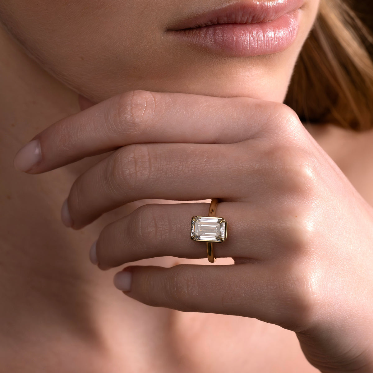 Solitaire Cathedral Unique Bezel-Emerald Lab Grown Diamond Engagement Ring