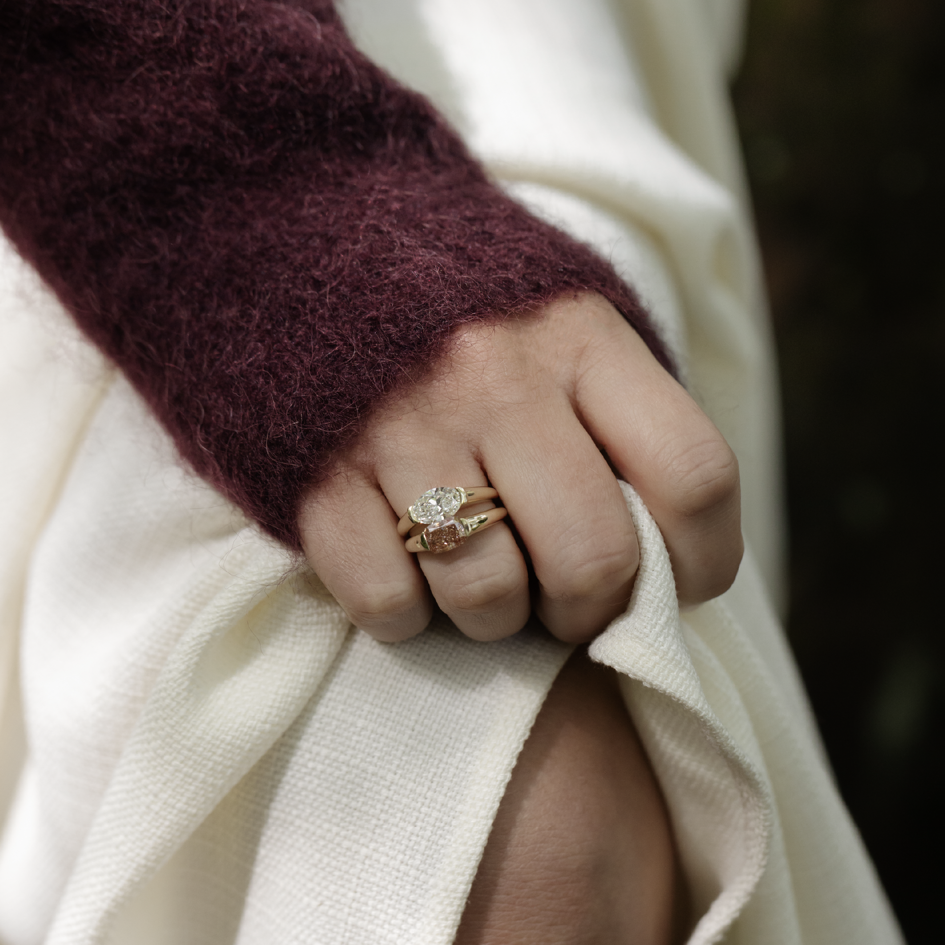East West Solitaire Half Bezel with Signet Band-Elongated Cushion Lab Grown Diamond Engagement Ring