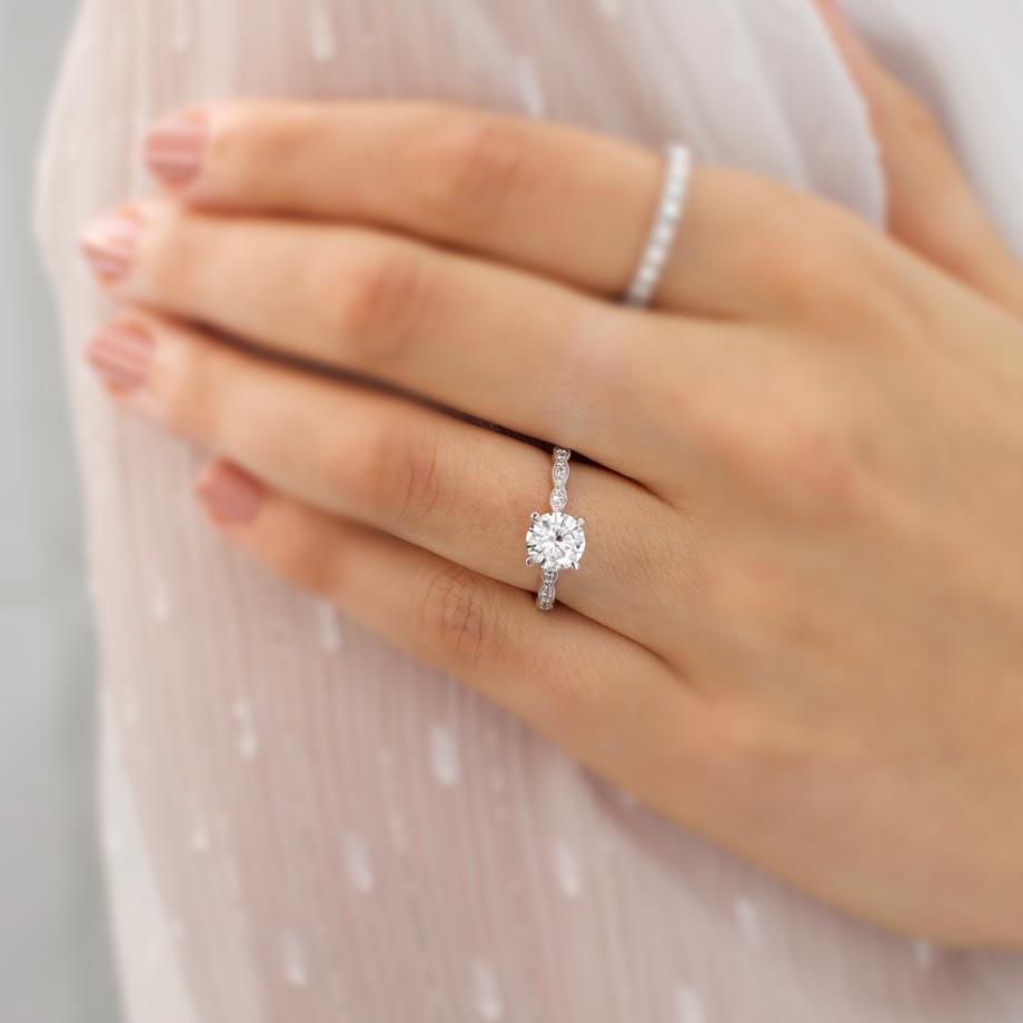 1.0 CT Round Lab Grown Diamond Milgrain Pave Engagement Ring 5