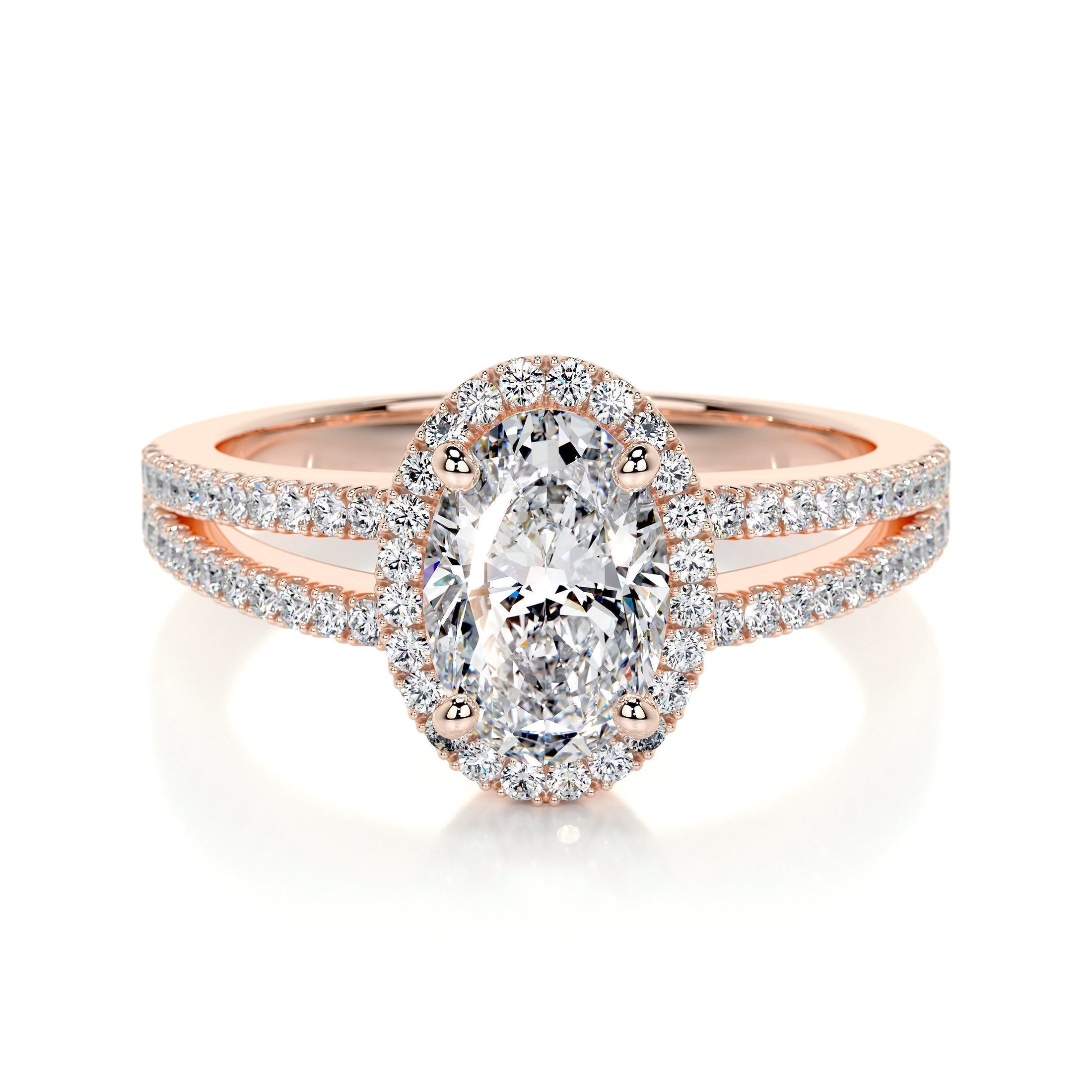 Radiant Elegance: 0.90 CT Oval Lab Grown Diamond Halo & Pave Split Shank Engagement Ring 9