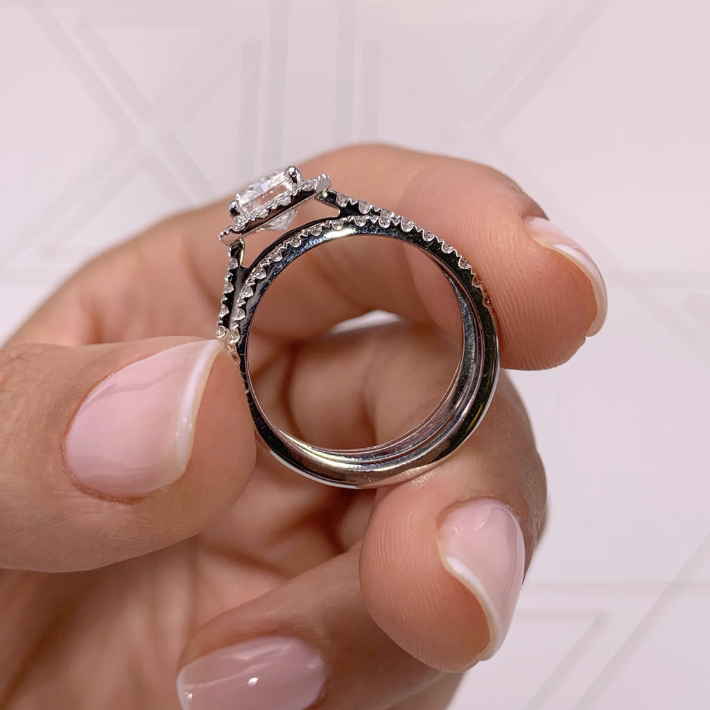 1.50 CT Radiant Lab Grown Diamond Halo Bridal Ring Set 2