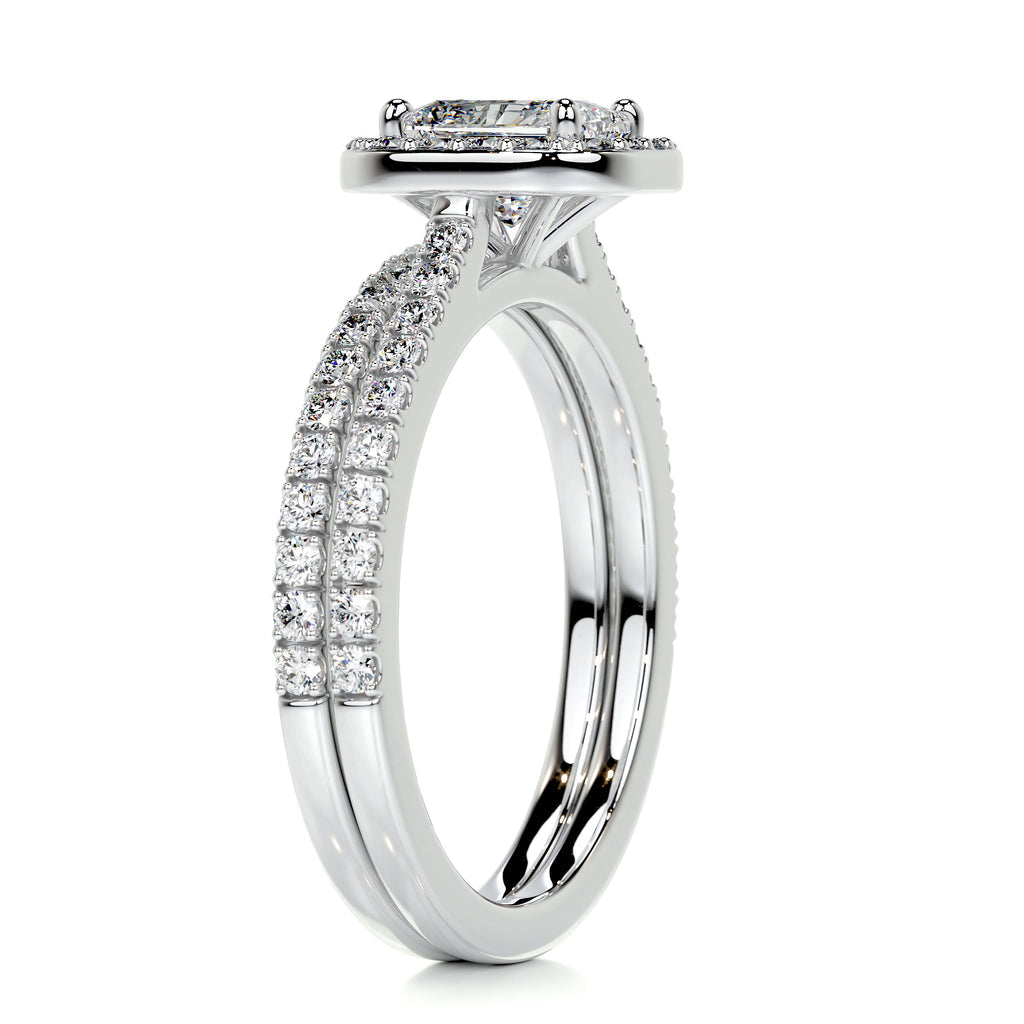 1.0 CT Radiant Cut Lab Grown Diamond Halo Pave Bridal Ring Set