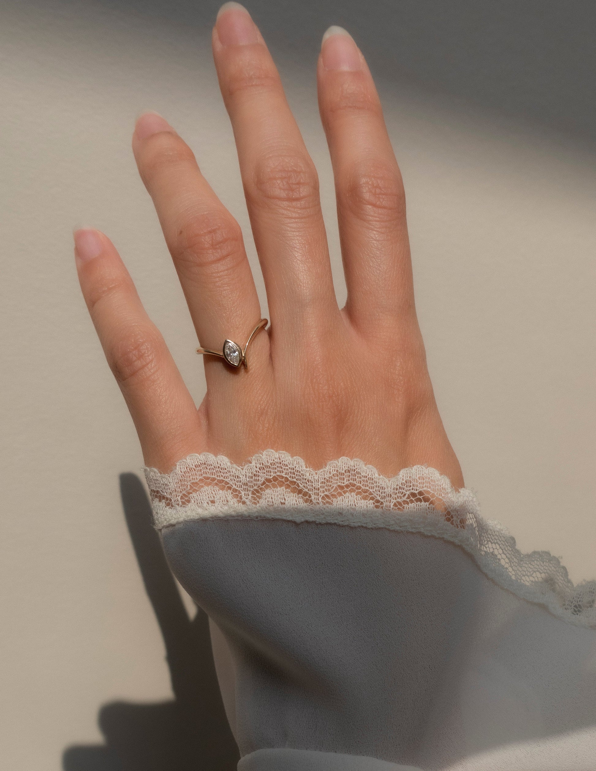 Solitaire Bezel Asymmetrical Band-Marquise Lab Grown Diamond Engagement Ring