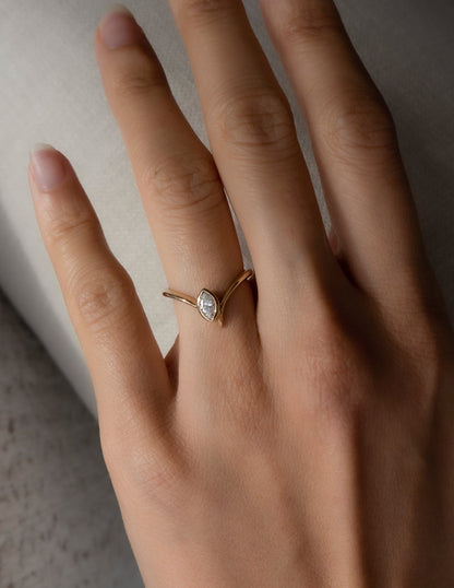 Solitaire Bezel Asymmetrical Band-Marquise Lab Grown Diamond Engagement Ring