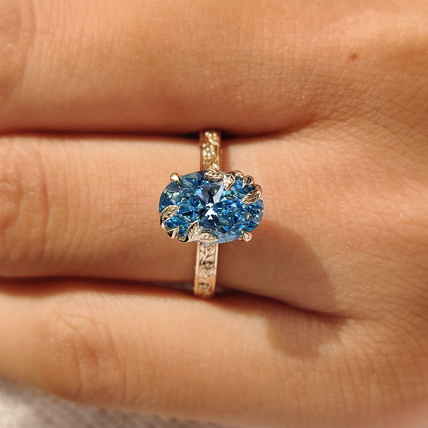 Nature Inspired-2.0 CT Blue Oval Lab Grown Diamond Engagement Ring