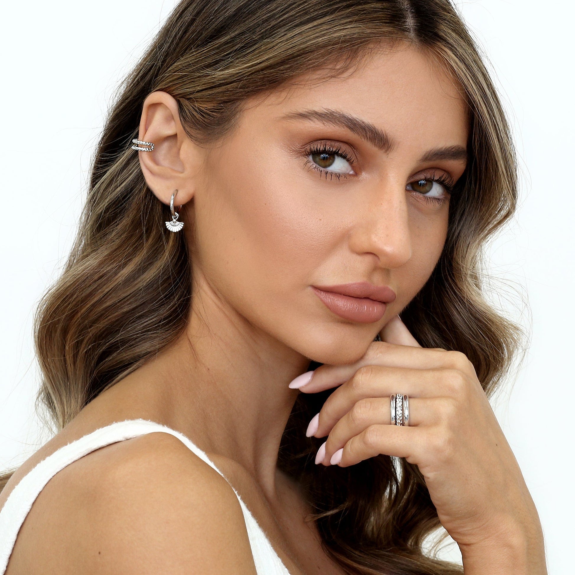 Floral Fan Charm Half Hoop Earrings 18