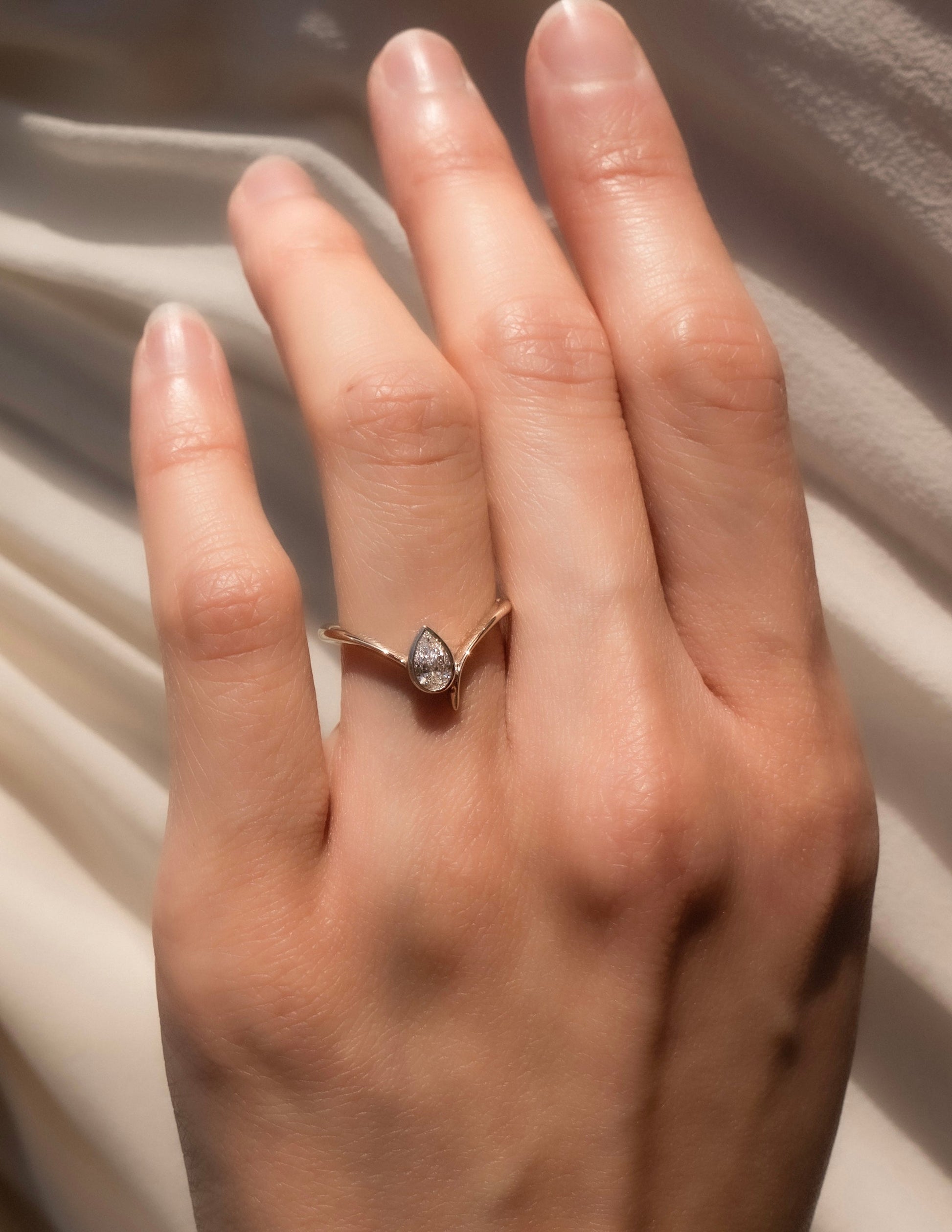 Solitaire Bezel Asymmetrical Band-Pear Lab Grown Diamond Engagement Ring