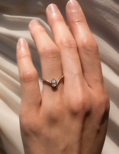 Solitaire Bezel Asymmetrical Band-Pear Lab Grown Diamond Engagement Ring