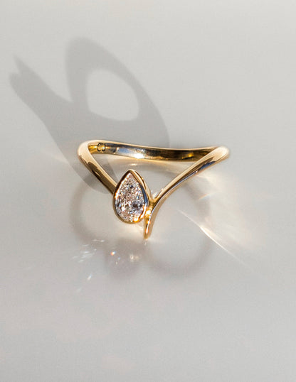 Solitaire Bezel Asymmetrical Band-Pear Lab Grown Diamond Engagement Ring