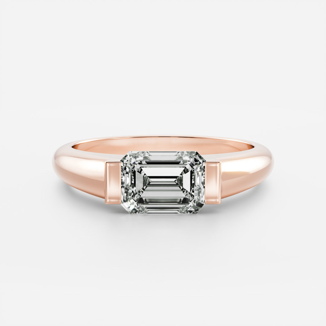 East West Solitaire Half Bezel with Signet Band-Emerald Lab Grown Diamond Engagement Ring