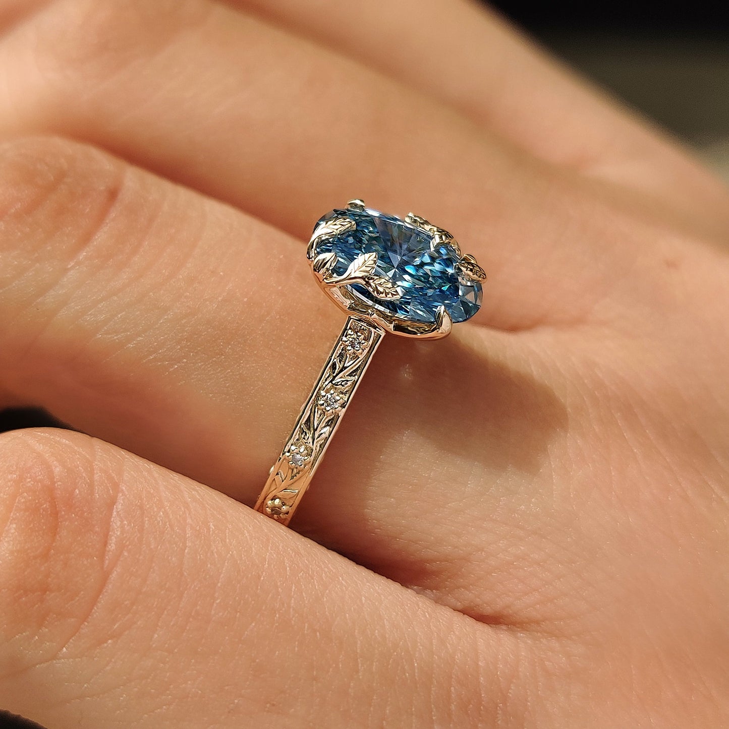Nature Inspired-2.0 CT Blue Oval Lab Grown Diamond Engagement Ring
