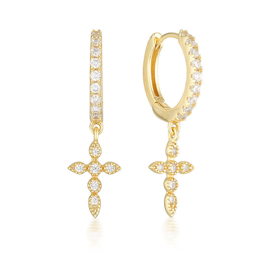 0.30 TCW Round Lab-Grown Diamond Cross Gold Hoop Earrings