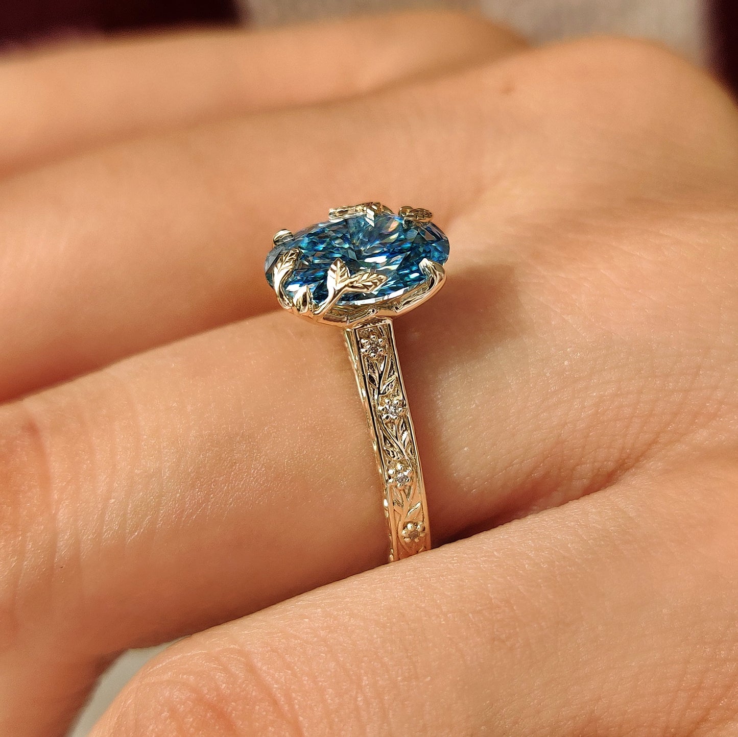 Nature Inspired-2.0 CT Blue Oval Lab Grown Diamond Engagement Ring