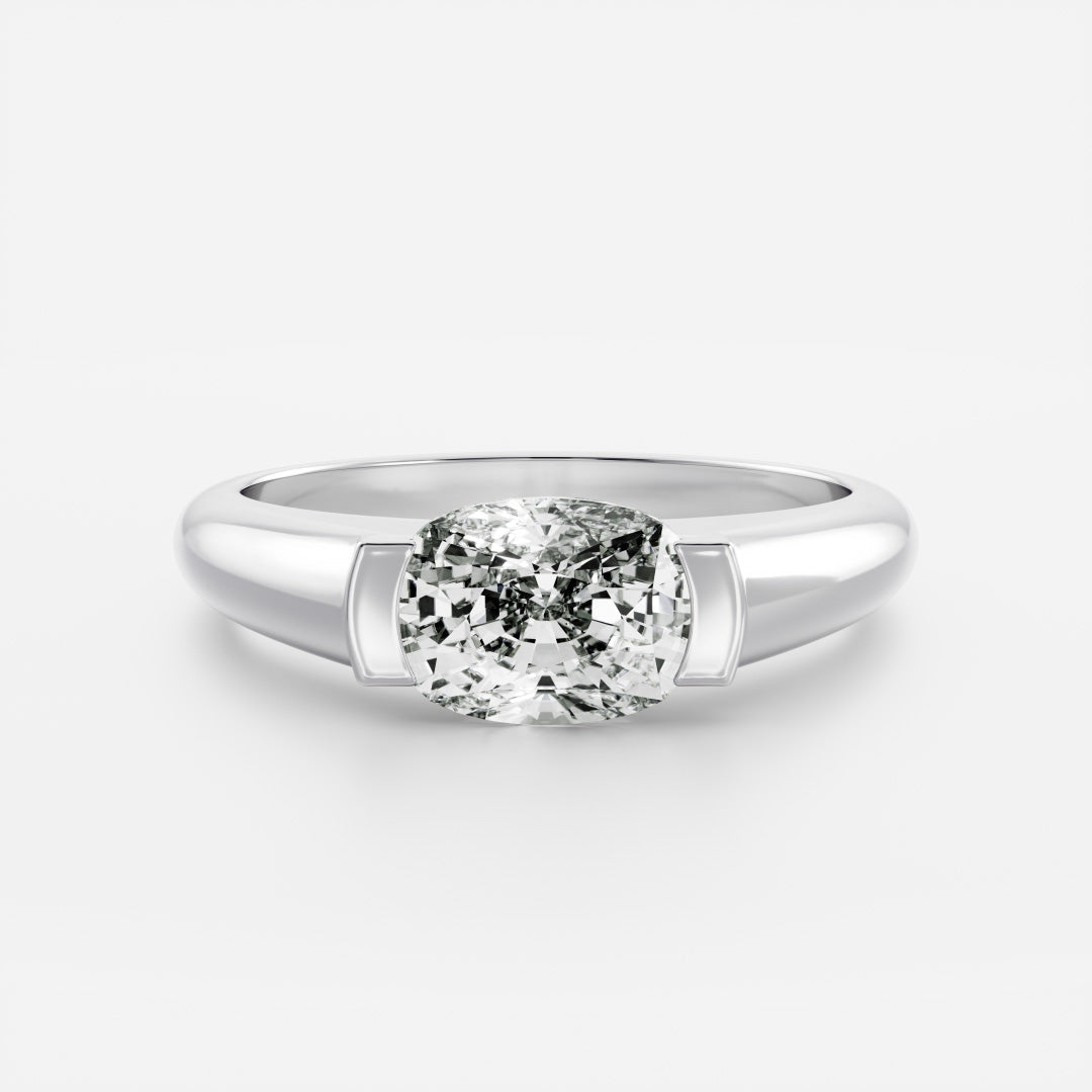 East West Solitaire Half Bezel with Signet Band-Elongated Cushion Lab Grown Diamond Engagement Ring