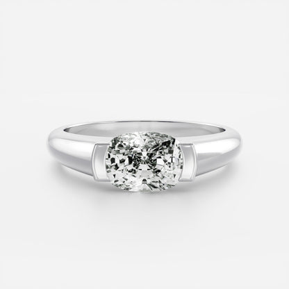 East West Solitaire Half Bezel with Signet Band-Elongated Cushion Lab Grown Diamond Engagement Ring