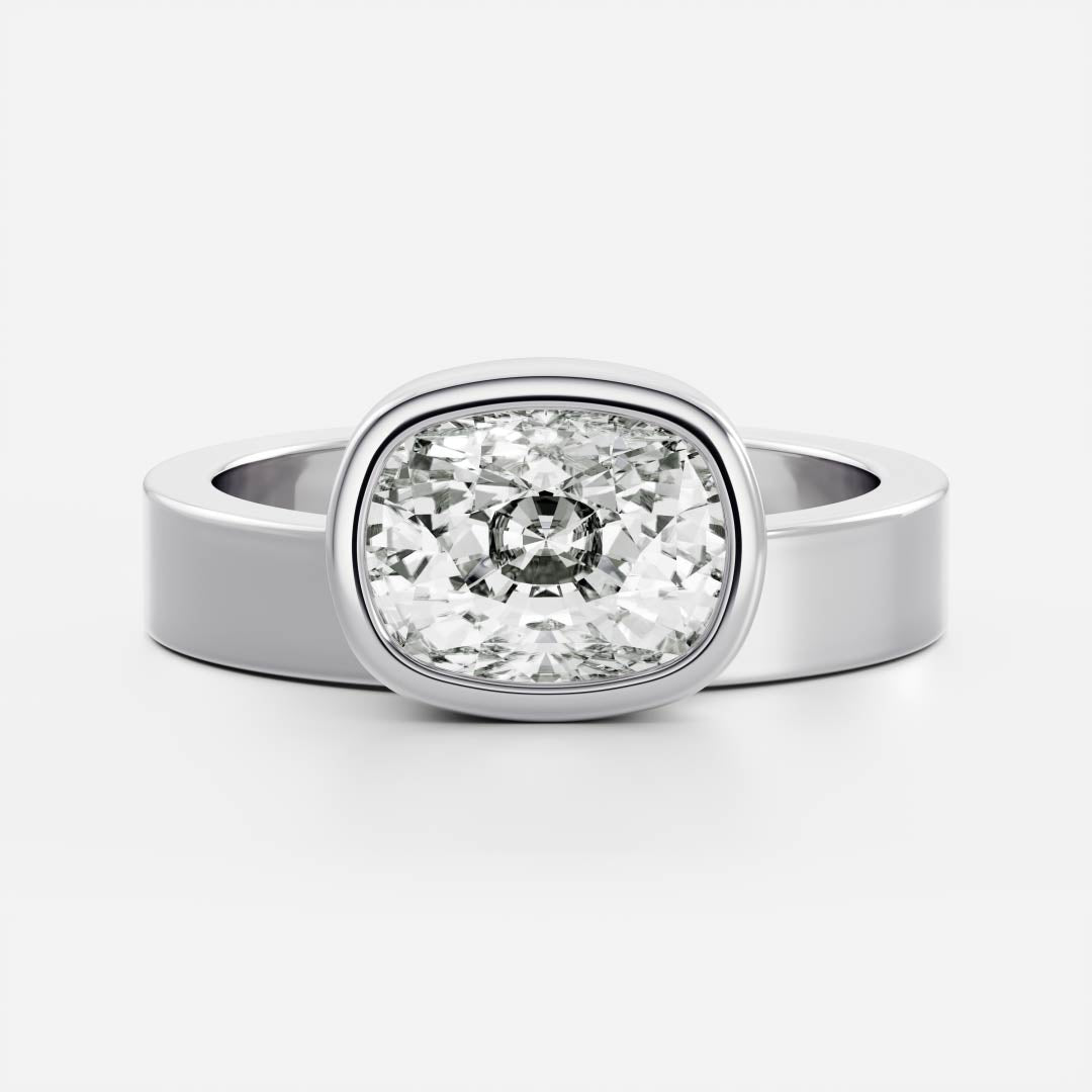 East West Solitaire Bezel Cigar Band- 2.6 CT Elongated Cushion Moissanite Engagement Ring