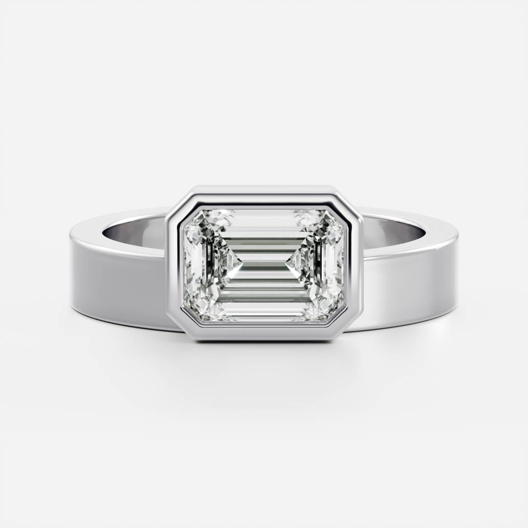 East West Solitaire Bezel- 3.1 CT Emerald Moissanite Engagement Ring