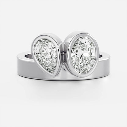 Toi Et Moi Bezel Cigar Band- 1.33 CT Pear & 1.5 CT Oval Moissanite Engagement Ring