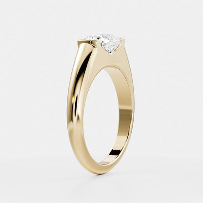 East West Solitaire Half Bezel with Signet Band-Elongated Cushion Lab Grown Diamond Engagement Ring