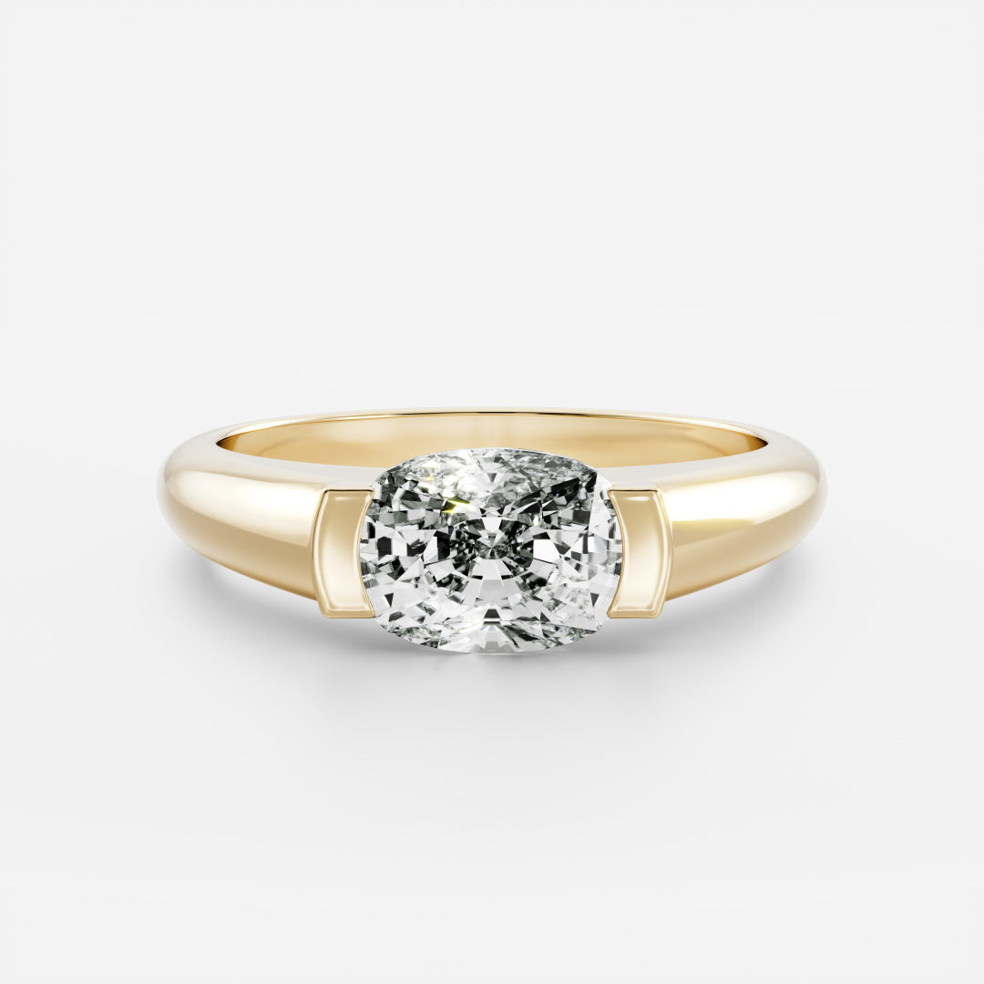 East West Solitaire Half Bezel with Signet Band-Elongated Cushion Lab Grown Diamond Engagement Ring