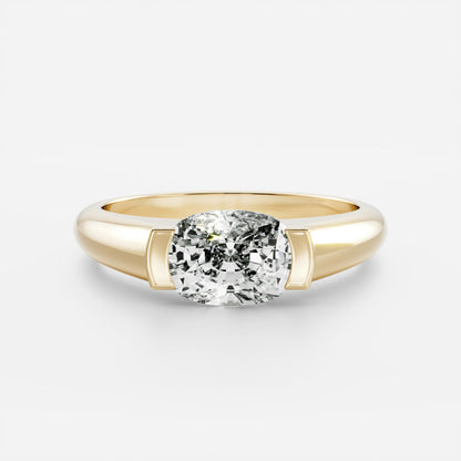 East West Solitaire Half Bezel with Signet Band-Elongated Cushion Lab Grown Diamond Engagement Ring