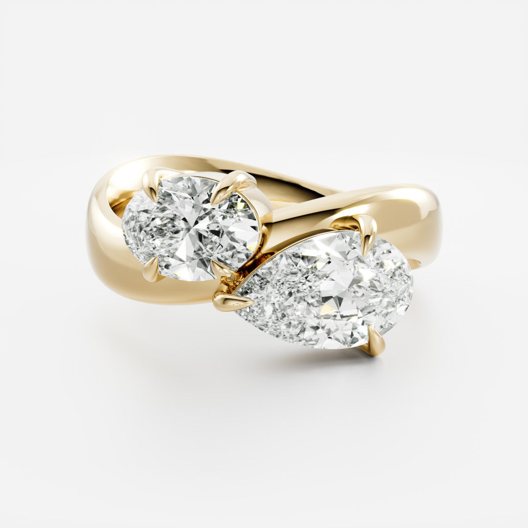 East West Toi Et Moi Curved Band- 1.33 CT Pear & 1.3 CT Oval Moissanite Engagement Ring