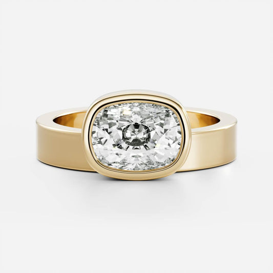 East West Solitaire Bezel Cigar Band- 2.6 CT Elongated Cushion Moissanite Engagement Ring