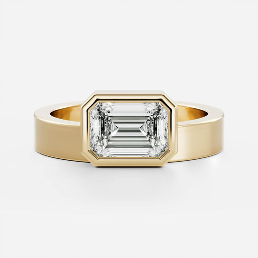 East West Solitaire Bezel- 3.1 CT Emerald Moissanite Engagement Ring