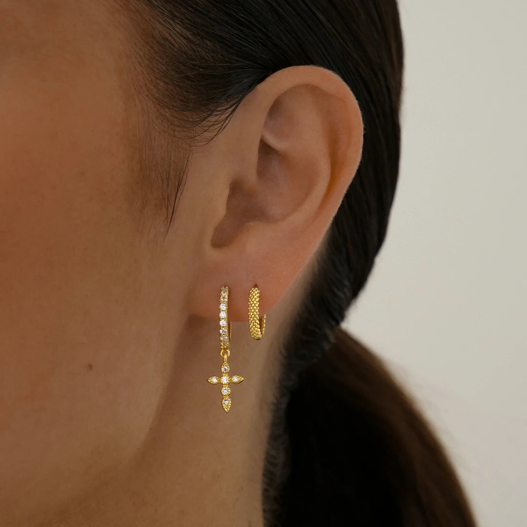 0.30 TCW Round Lab-Grown Diamond Cross Gold Hoop Earrings