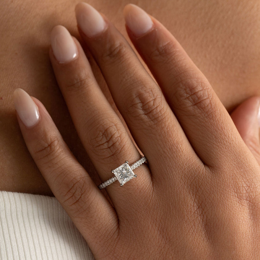 Pave-1.0 CT Princess Lab Grown Diamond Engagement Ring