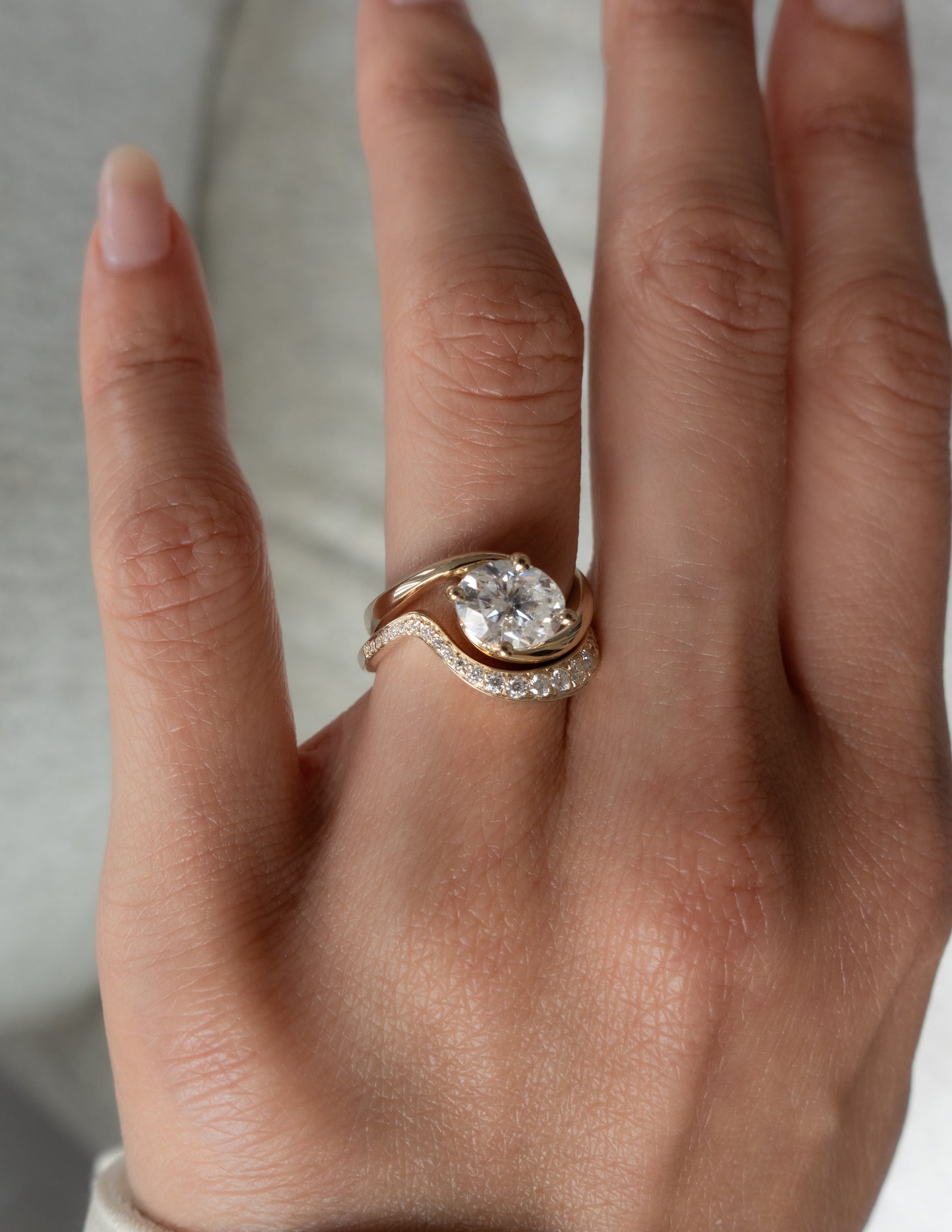 Solitaire Rapture & Pave Band- Oval Lab Grown Diamond Bridal Set
