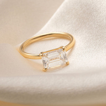 East West Solitaire-2.0 CT Emerald Lab Grown Diamond Engagement Ring