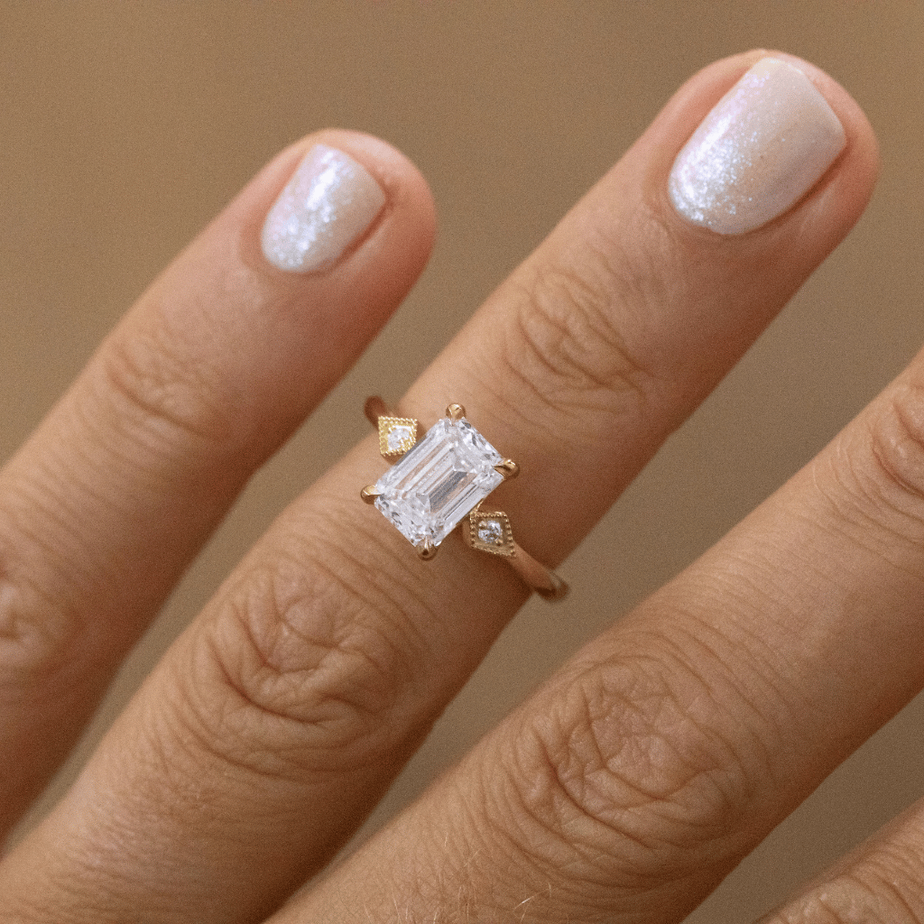 Three Stone & Vintage-Emerald Lab Grown Diamond Engagement Ring
