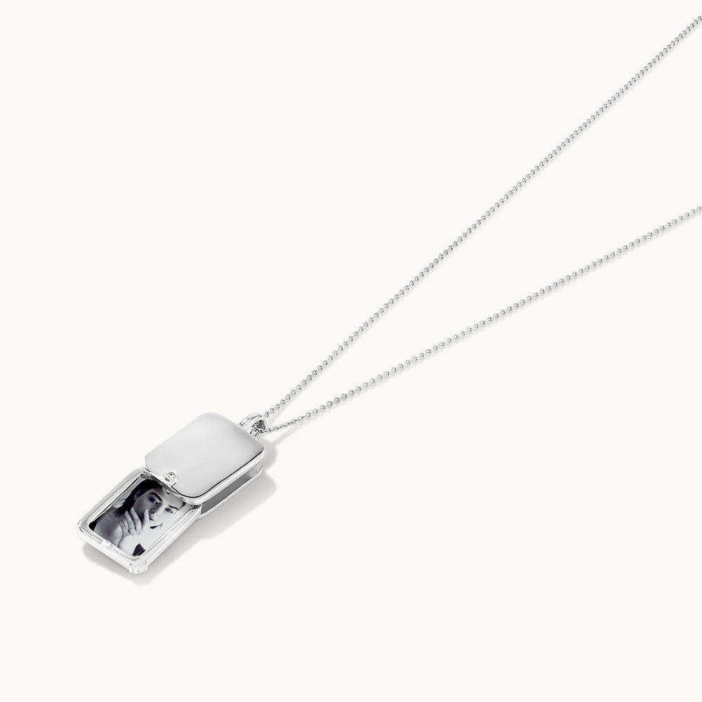 Radiant 0.01 TCW Diamond Rectangle Flip Locket Necklace - Engravable Charm