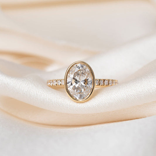 Solitaire Bezel & Pave-2.0 CT Oval Lab Grown Diamond Engagement Ring