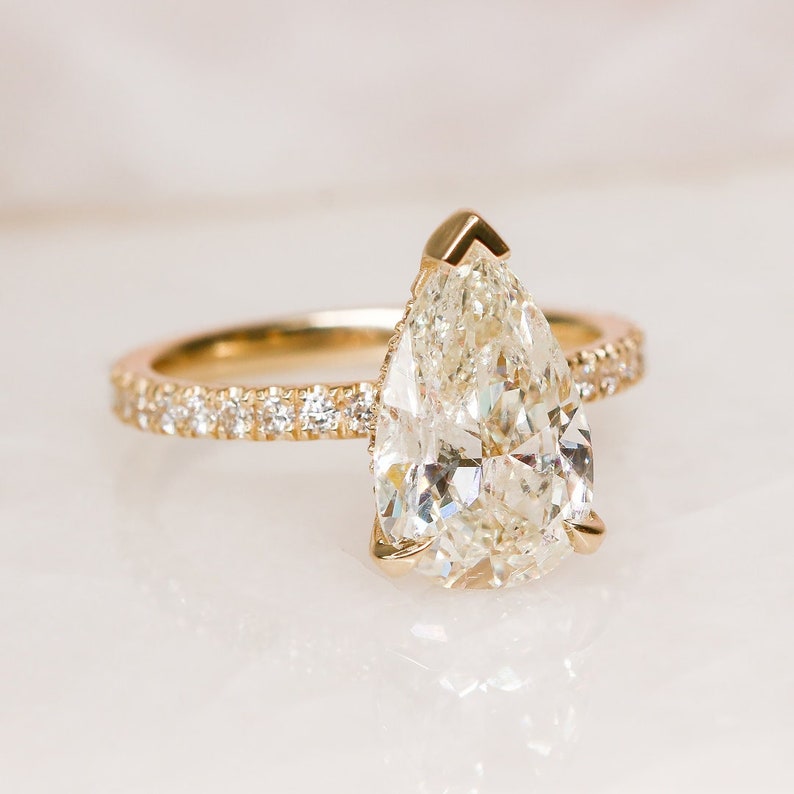 3.28 CT Pear Lab-Grown Diamond Hidden Halo Pave Engagement Ring