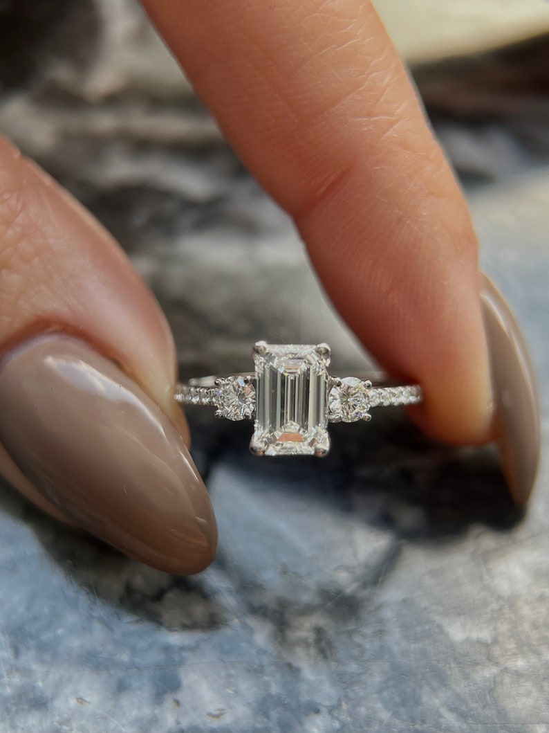 1 CT Emerald-Cut Lab-Grown Diamond Triad Engagement Ring