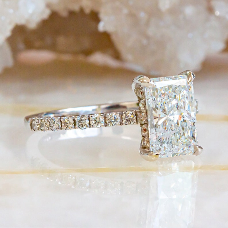 1.76 CT Radiant Cut Lab-Grown Diamond Pave Engagement Ring With Hidden Halo