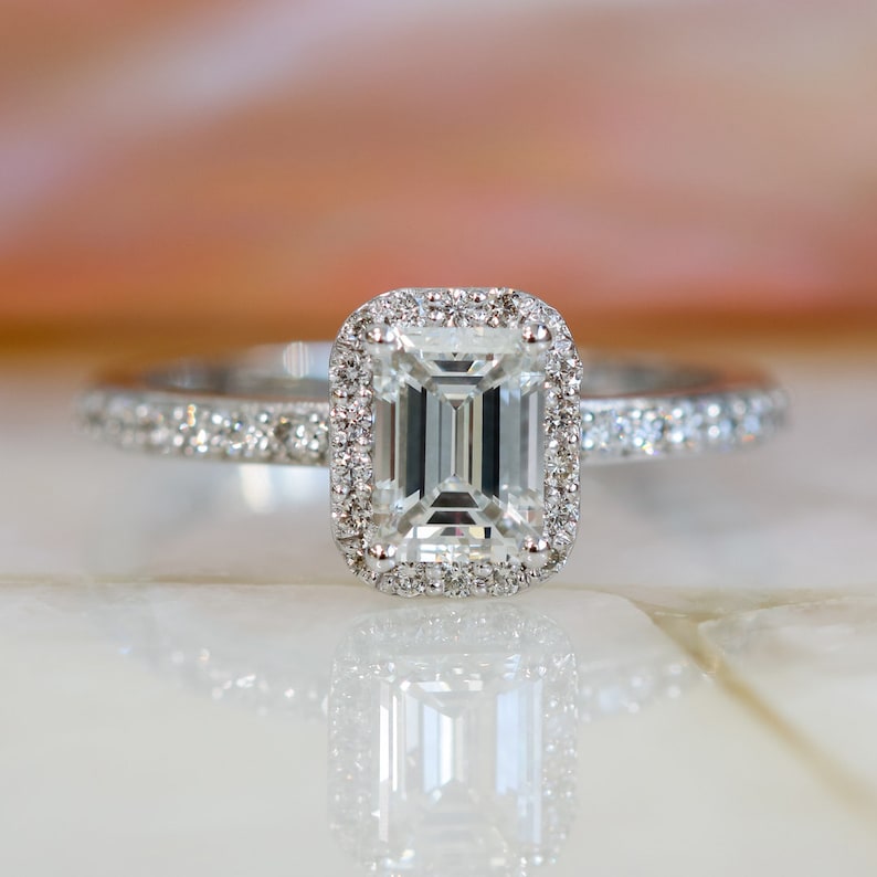 Elegant 1 CT Emerald Lab-Grown Diamond Halo & Pave Engagement Ring