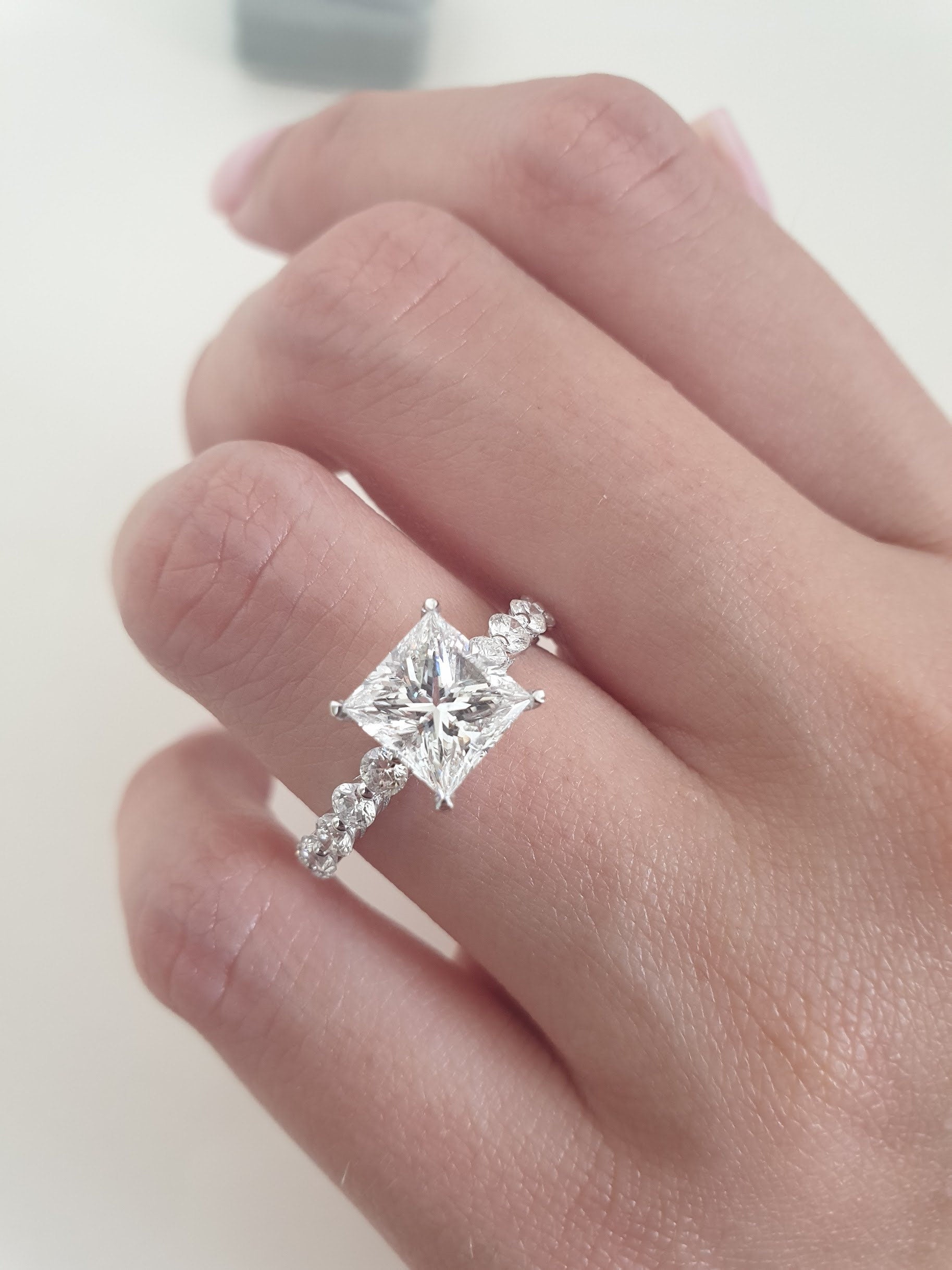 2.01 CT Princess Cut Lab-Grown Diamond Pavé Engagement Ring