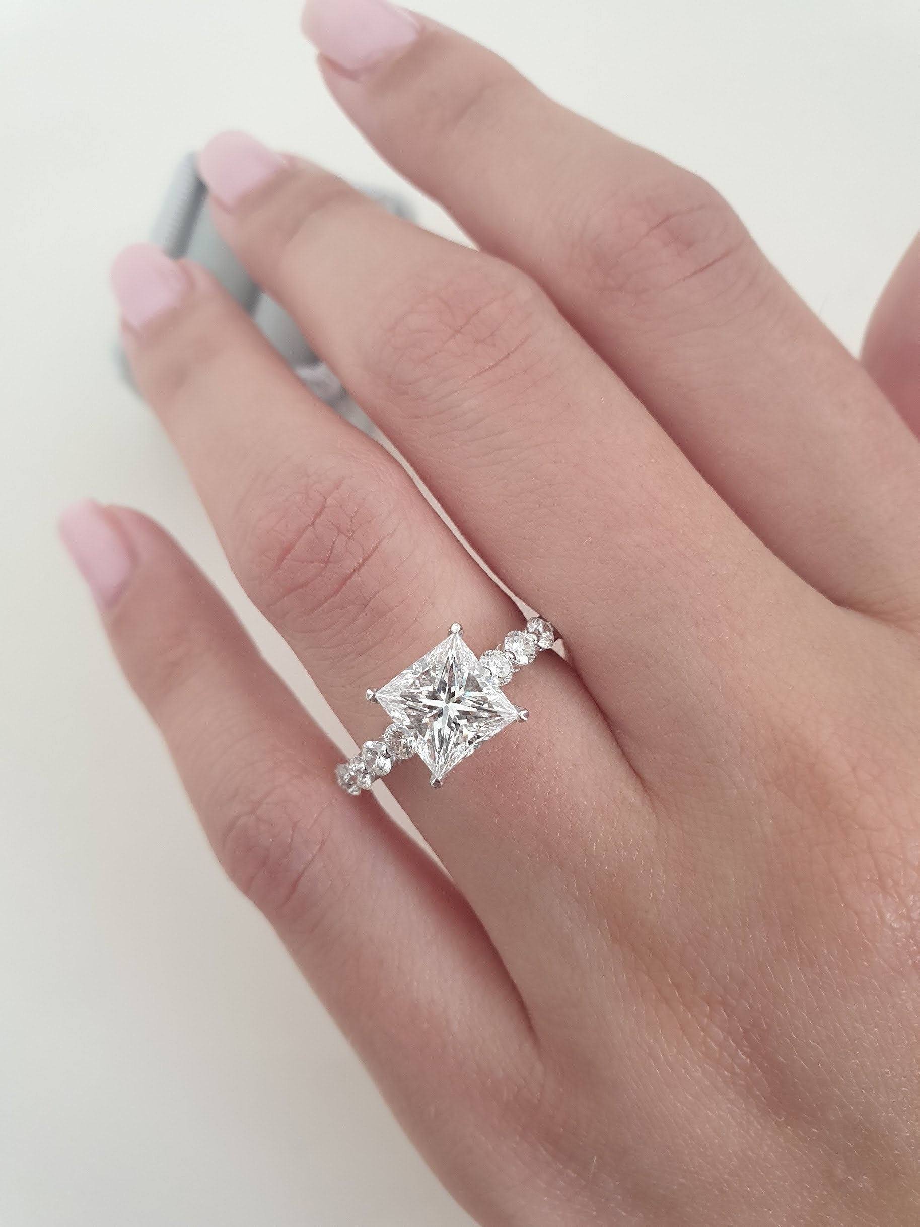 2.01 CT Princess Cut Lab-Grown Diamond Pavé Engagement Ring