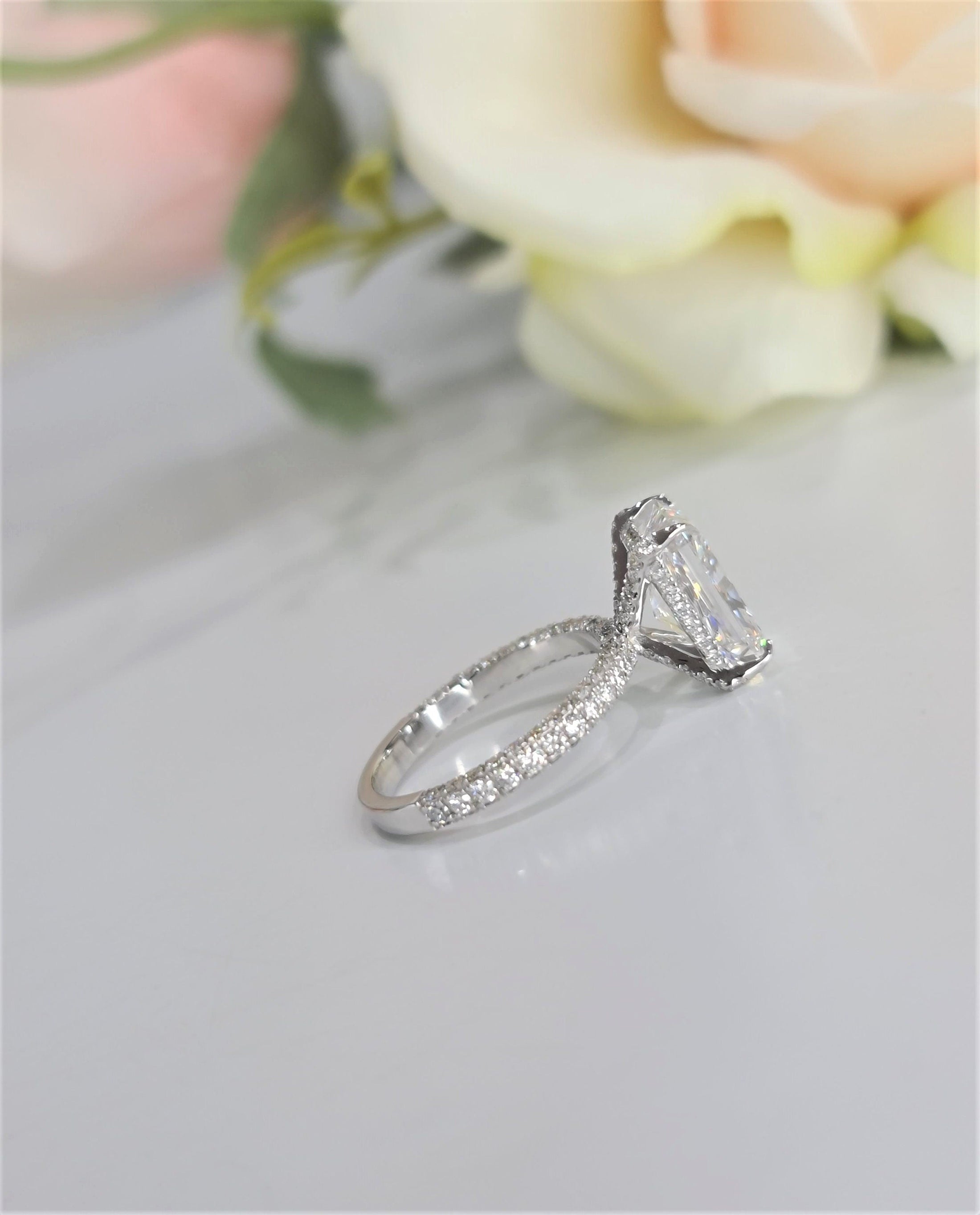 4.5 CT Radiant Cut Lab-Grown Diamond Hidden Halo Pavé Engagement Ring